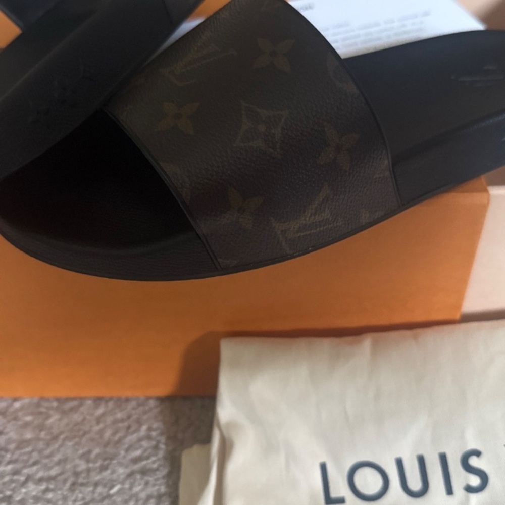 Louis Vuitton Monogram Slide Sandals in Brown and Black
